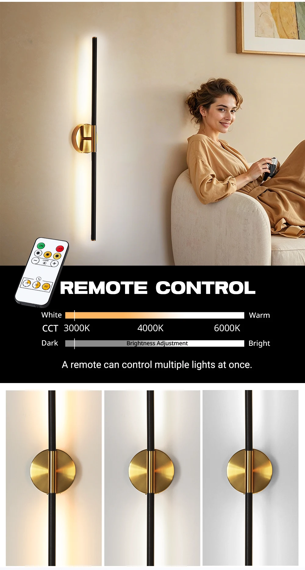 Wiederaufladbare LED-Wandleuchte mit Fernbedienung, 2 aufsteckbare Lichtleisten, 4400 mAh, dimmbare Beleuchtung für Schlafzimmer, Wohnzimmer, Heimdekoration – Detail 6