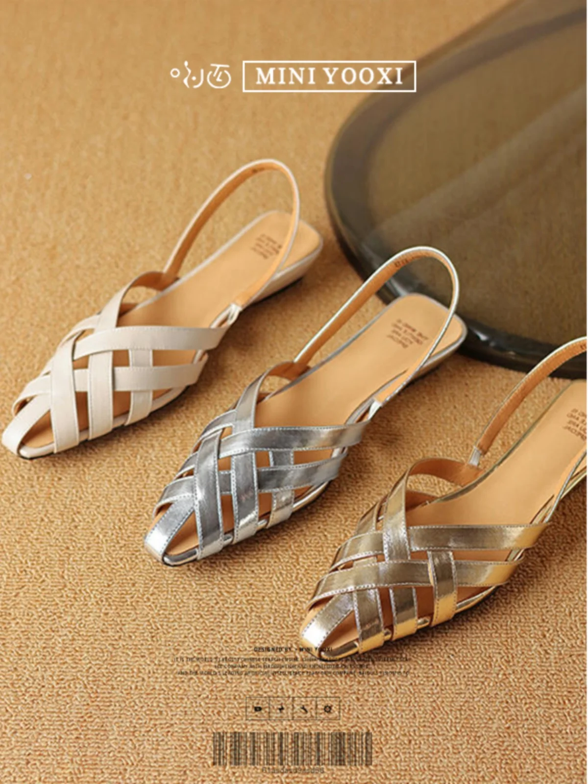 Summer Outwear French Gold Hollow Knitted Headed Sandals for Women Silver Temperament Pointed Flat Sole Single Shoes