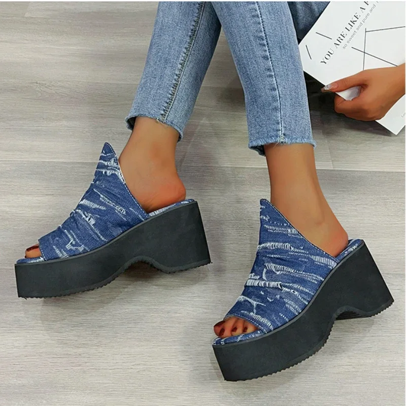 Women Fashion Denim Blue Wedges Sandals Summer Chunky