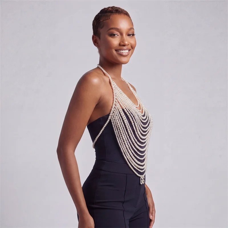 Damen Mehrlagiges Perlenketten-Neckholder-Top Sexy Rückenfreies Körpergeschirr für Party Strand Rave Festival Nachtclub Clubwear Outfits – Detail 3