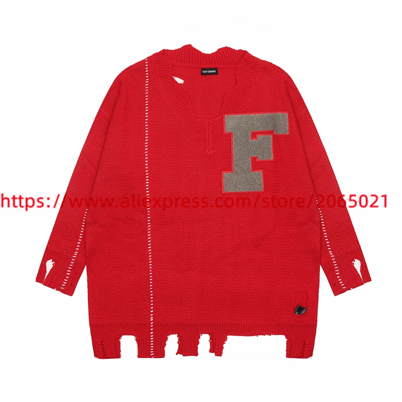RAF SIMONS Vintage Badge Damaged Irregular Loose Red Sweater Knit Men Women Top Quality Casual Sweatshirts
