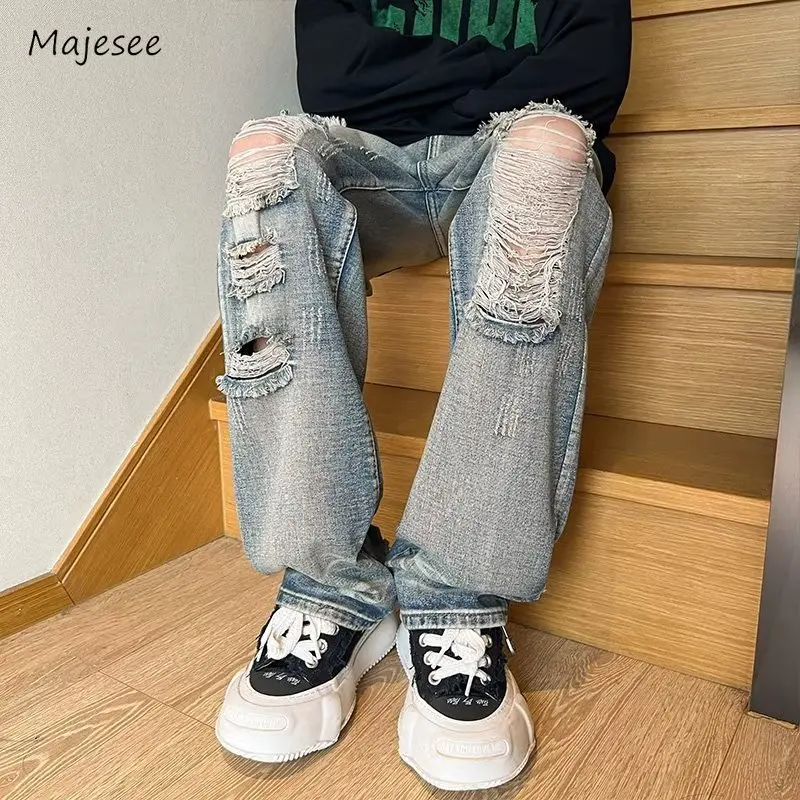 

Men Jeans Distressed Hole Washed Hip Hop American Style Teens Casual Hipster Chic Pantalones Fashion Youthful Vibe Retro Bottoms