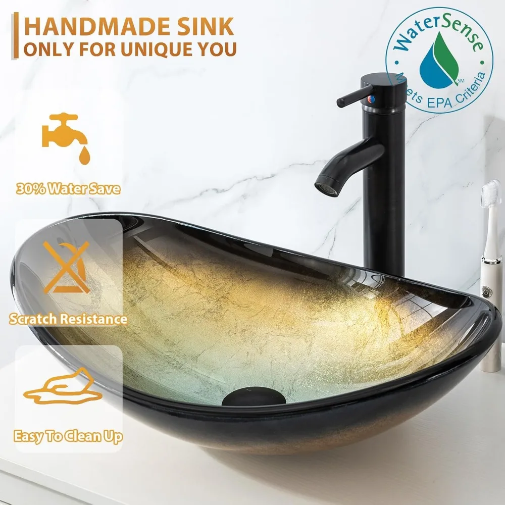 Bathroom Organizers, Bathroom Vanity Sink Combo Black With Side Cabinet Champagne Boat Tempered Glass Vessel Sink & Water Save F 4