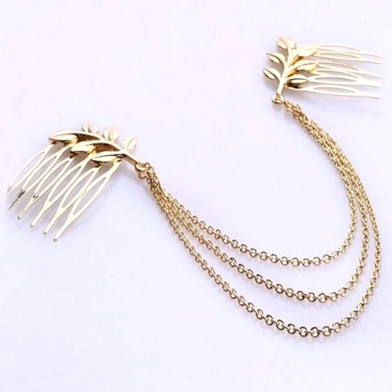 Ladies New Fashion Jewelry Golden Alloy Leaf Chain Tassel Headband Leaf Hair Comb Insert Comb