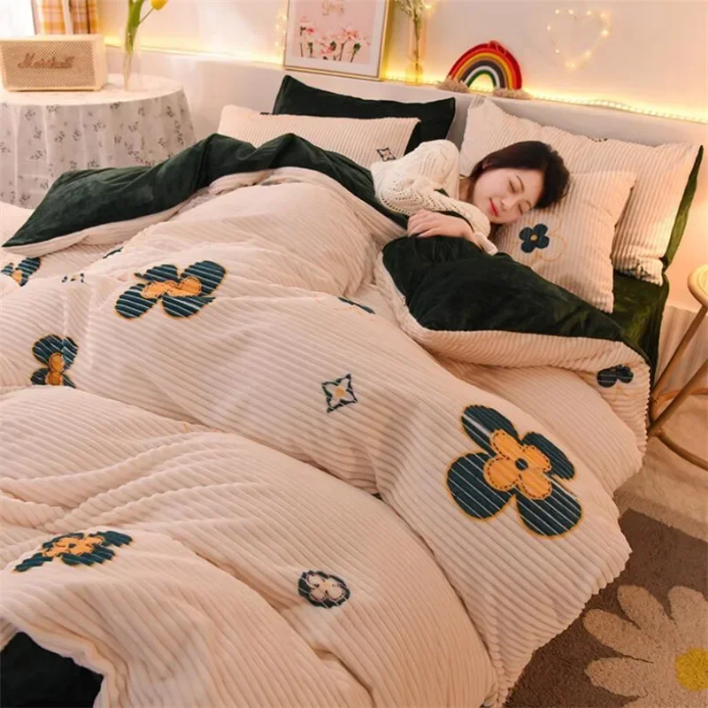 

3/4pcs Coral Fleece Winter Warm Bedding Set Queen Comforter Cover Bed Sheets Pillowcases King Size Flaneel Bed Sheet Set