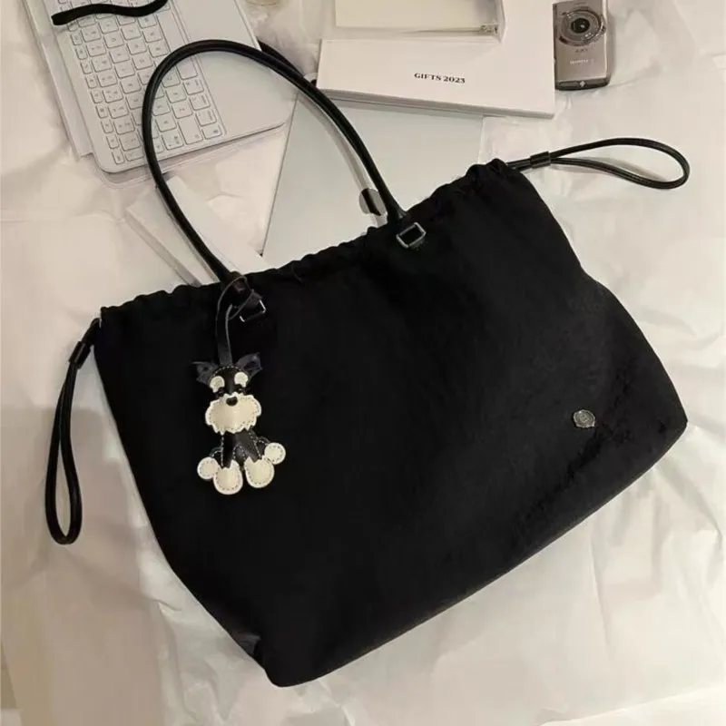 JIAERDI Black Drawstring Minimalist Tote Bag Women Nylon Large Capacity Shoulder Bag Ladies Casual Commute Versatile Handbag New