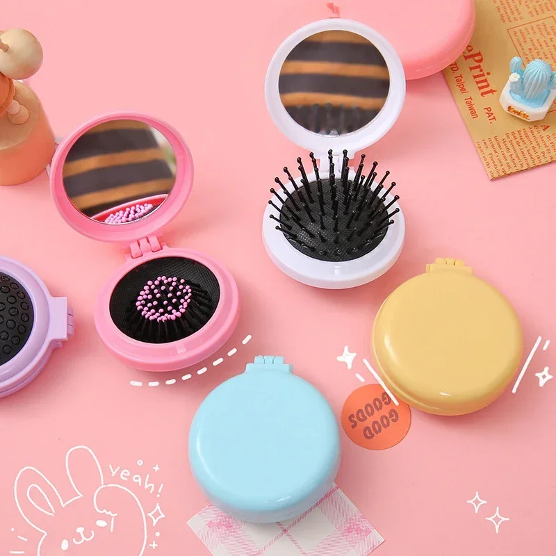 1 Pcs Small Size Hair Comb with Folding Mirror Traveling Portable Massage Folding Comb Women Girl Hair Brush Styling Tools 2