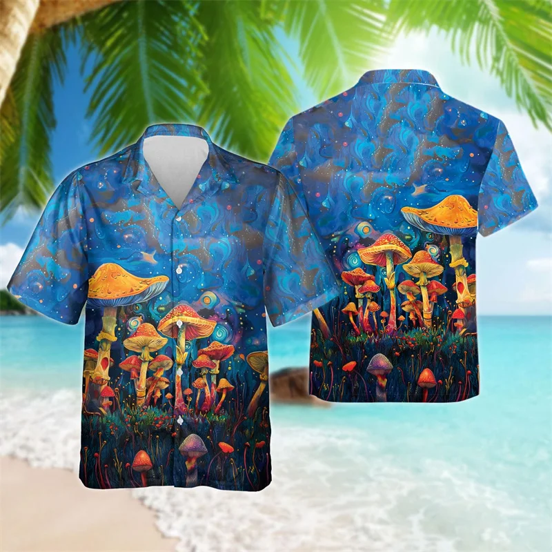 thumbnail image 1 of Camisa hawaiana con estampado 3D de hongos mágicos para hombre, camisas de playa con patrón colorido, blusas casuales de verano de manga corta, blusas cómodas, 1 of 4