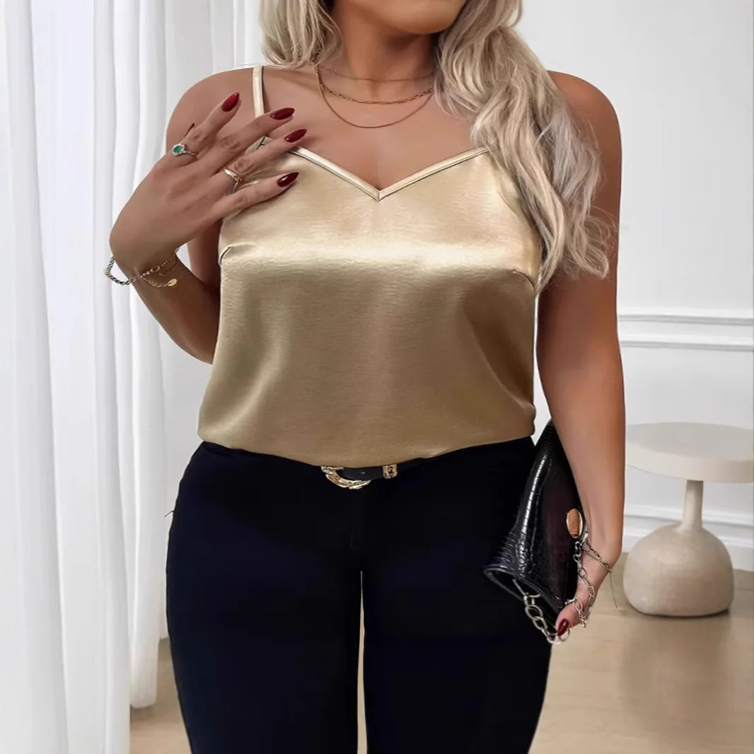 Plus Size Women Satin Cami Top V Neck Spaghetti Strap Sleeveless Shirt Blouse Gold Silk Look Tank Vest Summer Elegant Clubwear