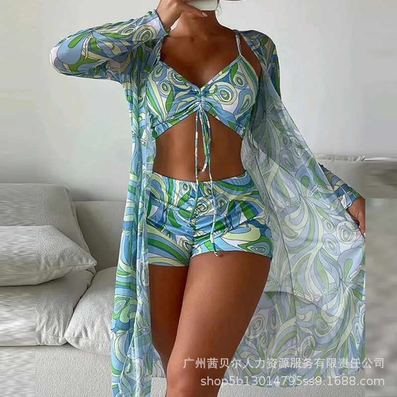 Women Summer 3PCS Contrast Leopard Print Drawstring Bikini Set With Cover Ups Wireless Bra