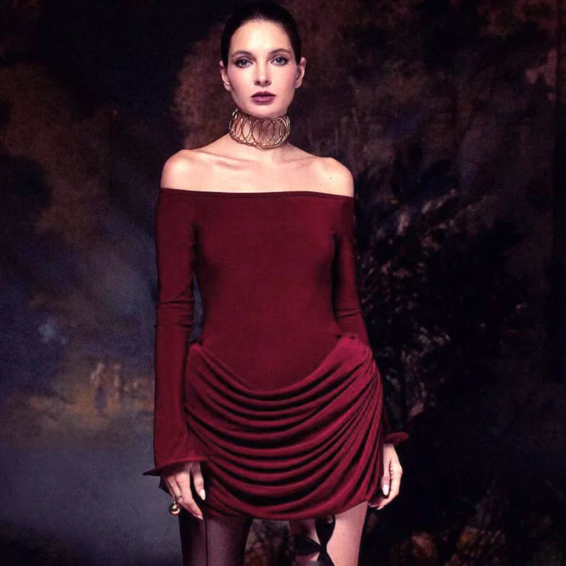 Sexy Pleated Fashion Mini Dress Women's Off-Shoulder High Waist Elegant Long Sleeve Party Dress Female Solid Bodycon Dress