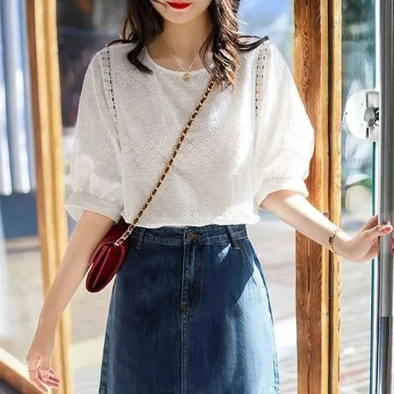 New Summer Round Neck Women's Chiffon Lantern Sleeve Shirt Fashionable Loose Lace White Blouse Y2k Clothes 13440