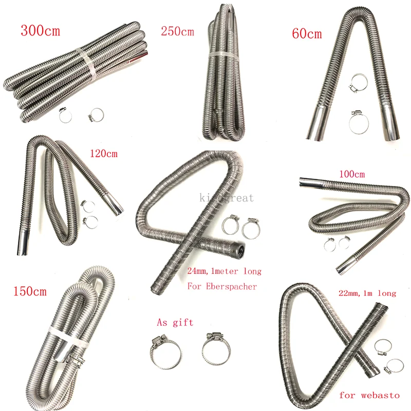 60/100/120/150/200/250/300cm Car Truck Van Diesel Air Parking Heater Stainless Steel Exhaust Pipe Tube Gas Vent Hose air heater exhaust pipe diesel heater parts