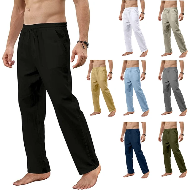 Pantalon en coton et lin pour hommes, ample, respirant, décontracté, couleur unie, Long, grande taille, Streetwear, Fitness, léger, Yoga 1