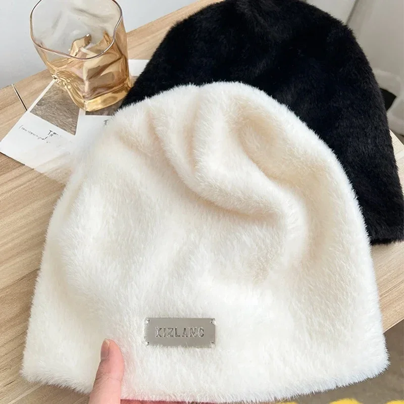 2024 New Fashion Rabbit Fur Y2k Beanies for Women Soft Warm Fluffy Angola Winter Hat Female Windproof Bonnet Hat Skullies Cap 5