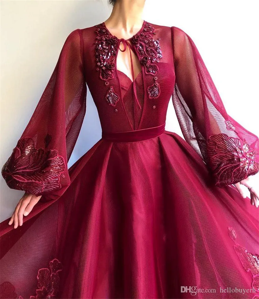 

Private Custom Red Deep V-Neck Appliques Long Sleeves Beading Sequins Floor-Length Formal Evening Dress