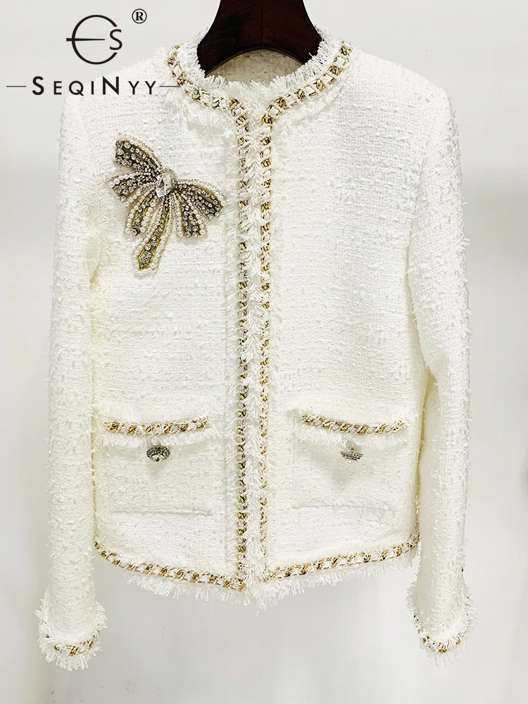 

SEQINYY White Jacket Spring Autumn New Fashion Design Women Runway High Quality Beading Bow Tweed Elegant Short Top