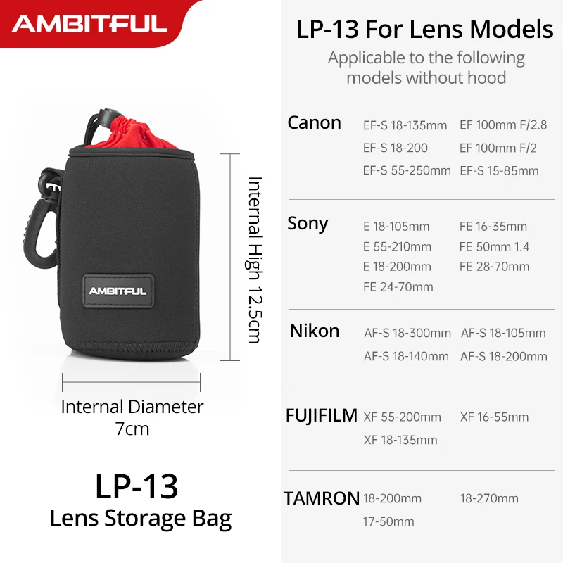 Premium Ambitful Drawstring Camera Lens Bag with Hook - Available in Multiple Sizes