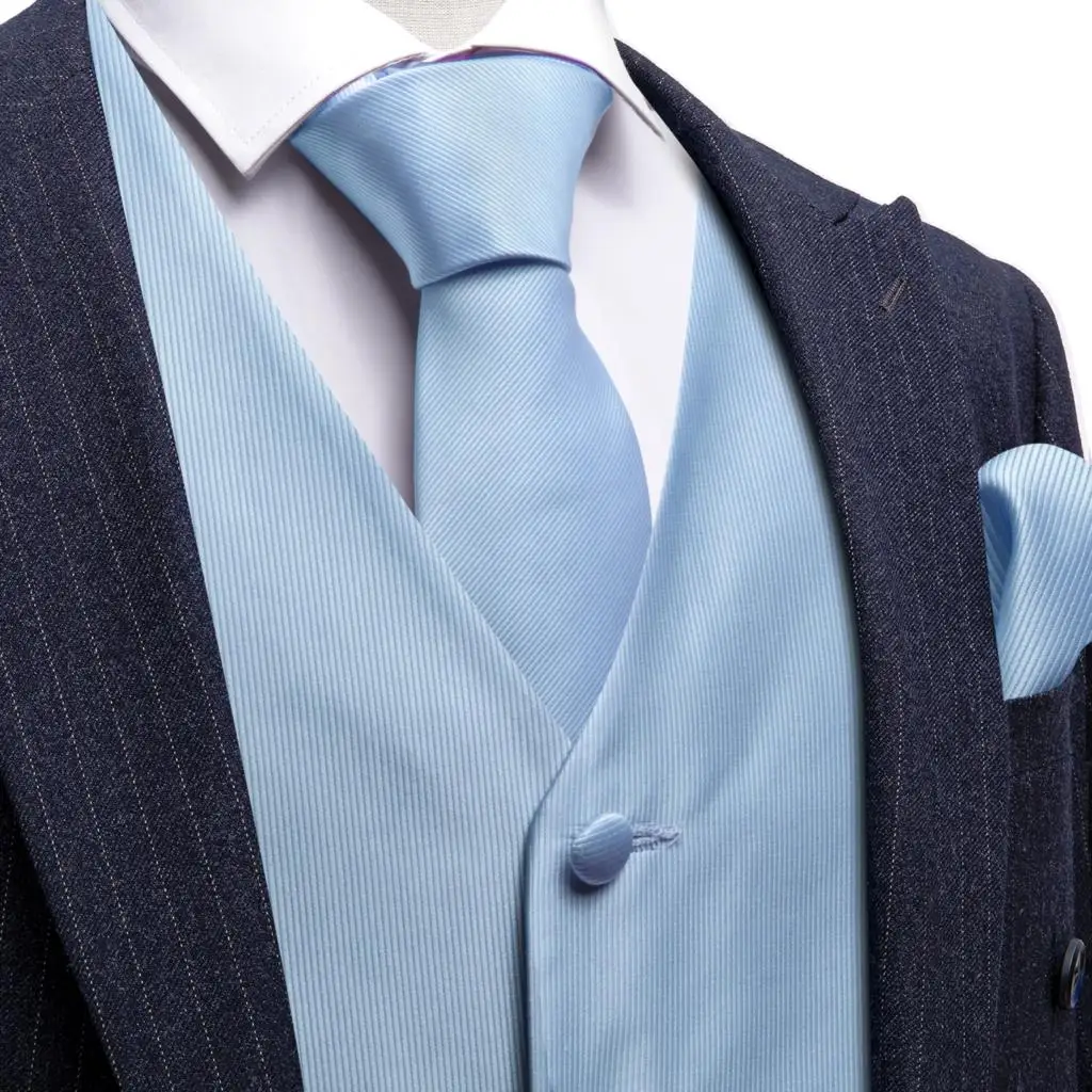Luxury Sky Blue Vests for Men Silk Solid Wedding Party Waistcoat Tie Set  Formal Suit Male Dress Sleeves Jacket Barry Wang 2