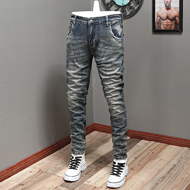 new arrival stretch summer blue gray jeans for men straight middle waist denim pants men trousers casual cotton jeans pants Fashion Designer Men Jeans Retro Gray Blue Elastic Stretch Slim Fit Ripped Jeans Men Vintage Trousers Casual Denim Pants Hombre