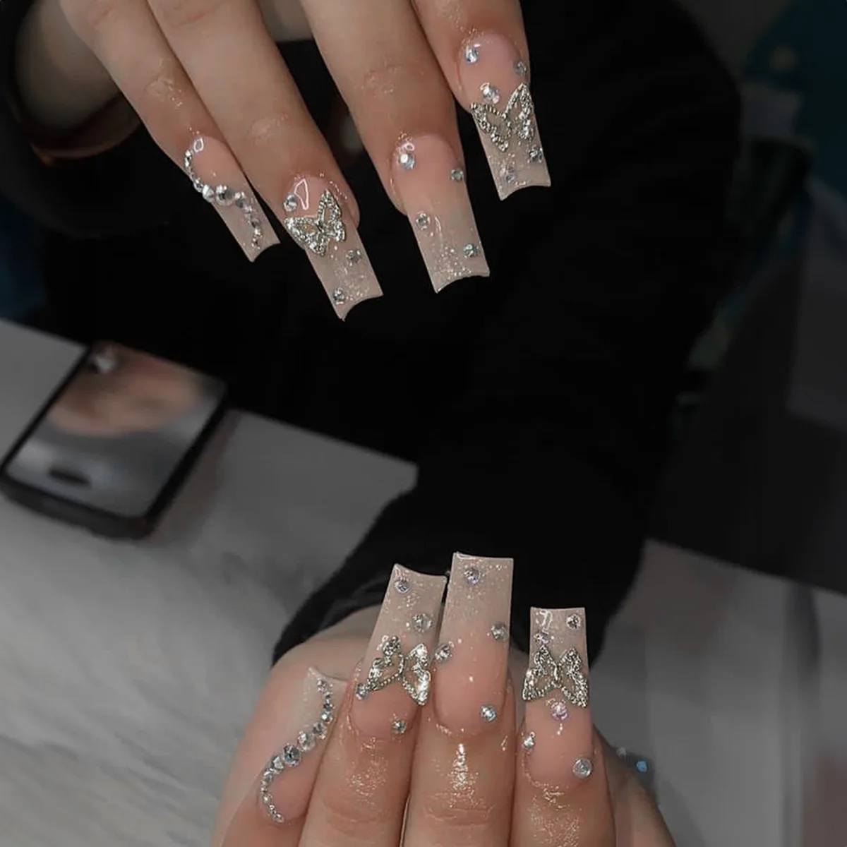 24Pcs Фиолетовый Длинные Балет Ложные Ногти с Цветок Французский Дизайн Износостойкие Поддельные Ногти Стразы Крышка Нажмите На Ногтей Советы Искусство