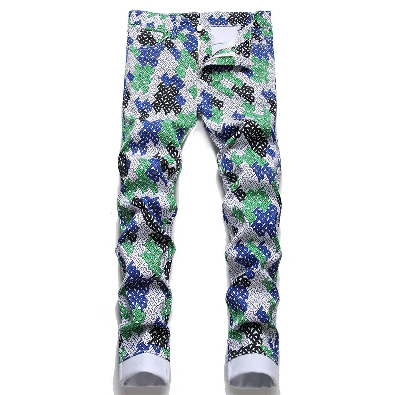 

High Street Men's Jeans Spring Summer Digital Alphabet Print Fashion Brand Pants Hip Hop Slim Stretch Mid-Waist Casual Trousers