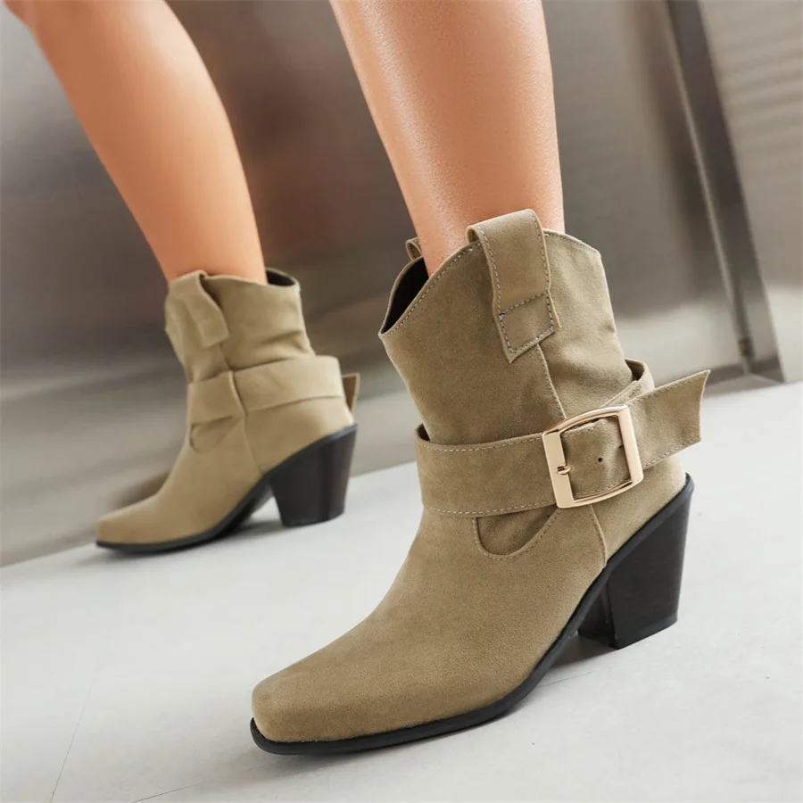 

Women Western Cowboy Boots 2023 Winter Faux Suede High Heel Women Shoes Belt Buckle Elegance Slip-On Ankle Boots Dropshopping