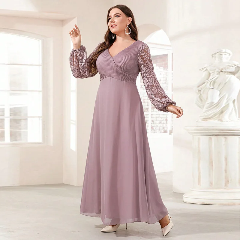 حجم كبير جديد الساتان الخامس الرقبة كم طويل مساء ح...