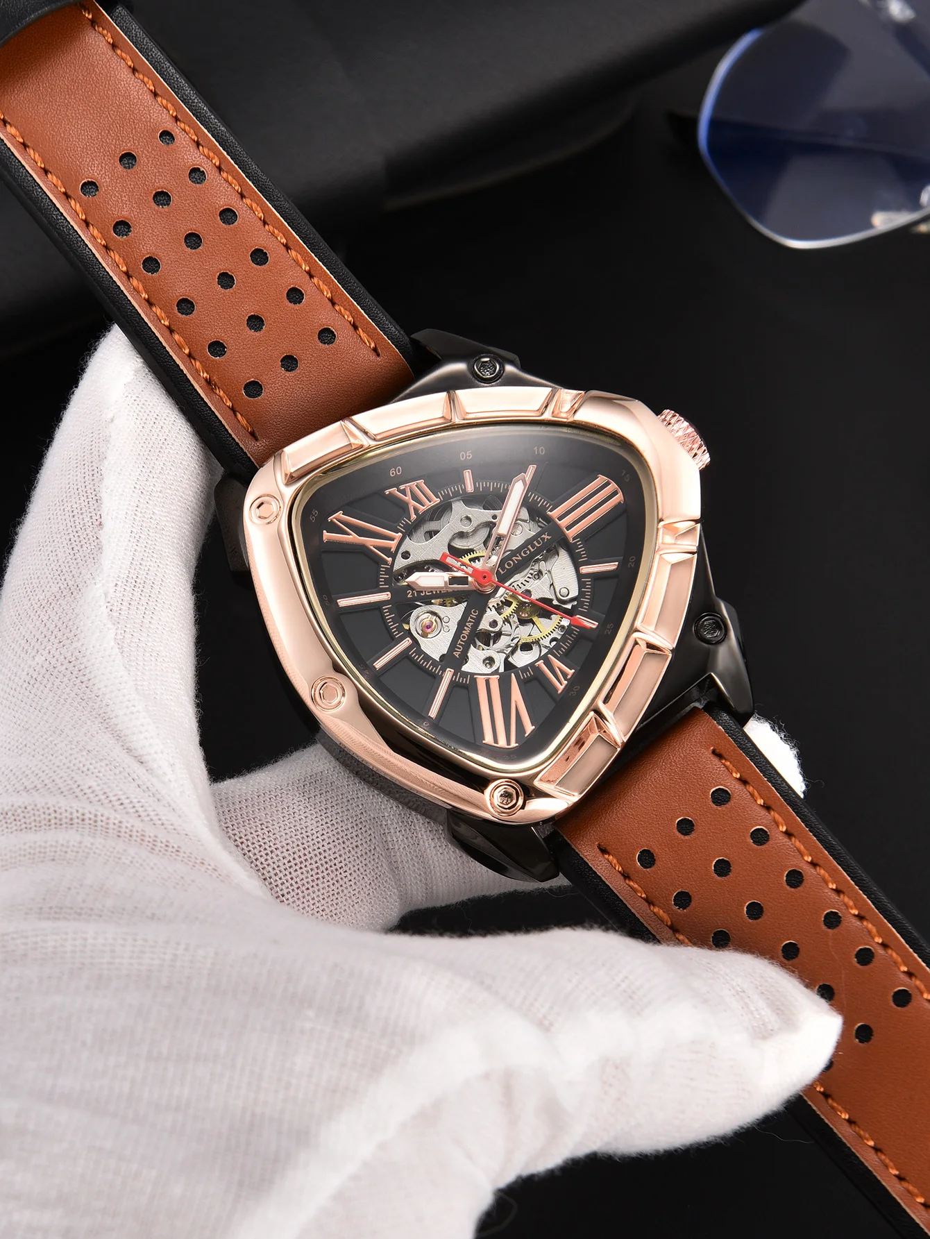 Men Automatic Watch Explore Outdoors Style Mechanical Watches Retro Triangle Skeleton Leather Waterproof Luminous Mens Watch - 5