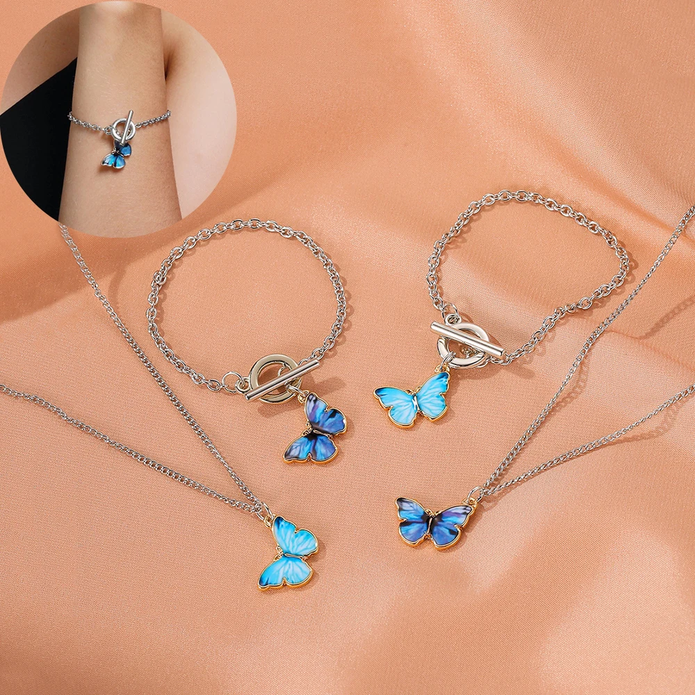 

Vintage Blue Butterfly Bracelets for Women Girl Chams Pendant Necklace Chain Silver Punk Street Link Armband Party Jewelry Gifts