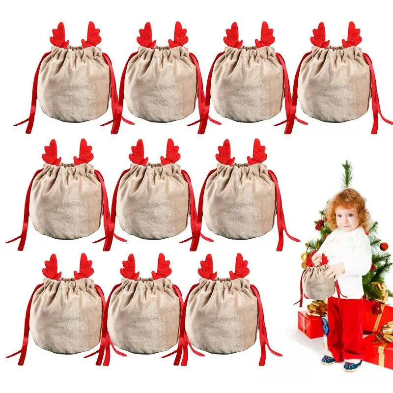 

Рождественские подарочные пакеты 10 шт., рождественские маленькие пакеты для конфет, милая сумка для хранения с оленьими рогами, декоративная бархатная Подарочная сумка, конфеты