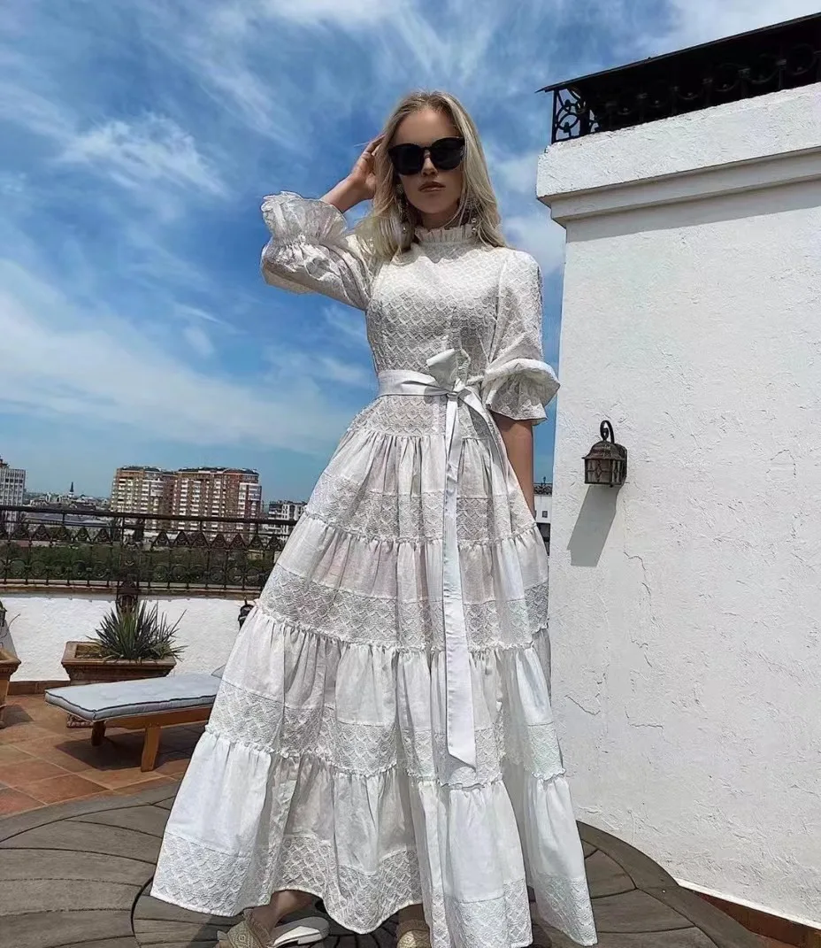 

Stand Collar Lantern Sleeve Large Swing Long Skirt Slim Waist Belted Dress