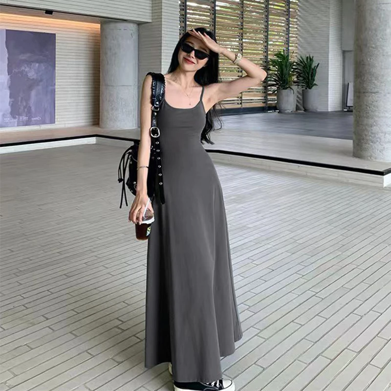 MEXZT Black Stap Long Dress Women Streetwear Sleeveless A Line Dresses Y2K Korean Slim Sundress Summer Elegant Casual Vestidos