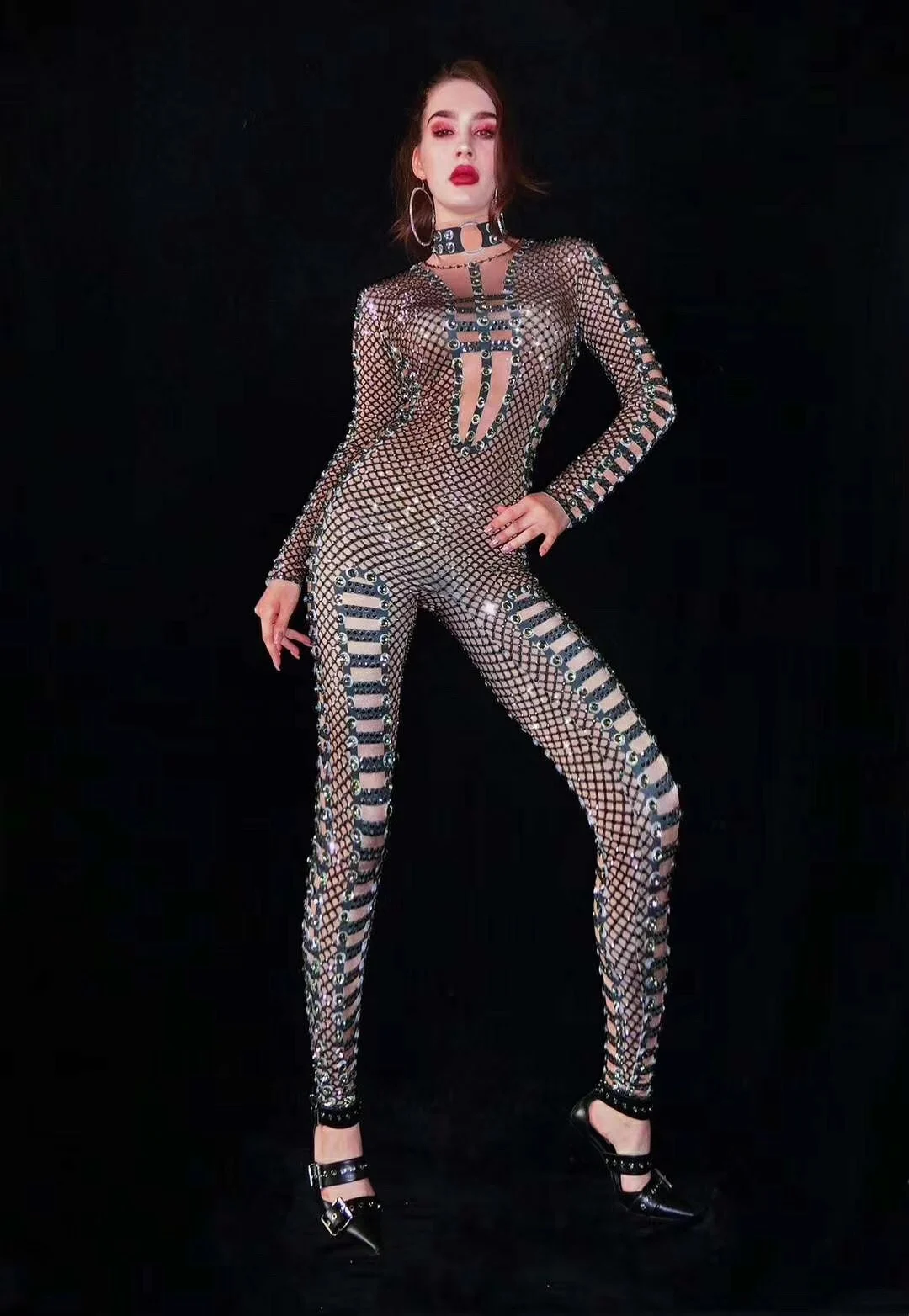 

Long Sleeves Mesh Shining Rhinestones Sexy Jumpsuits For Women Nightclub DJ Clothing Party Wears Stage Singer Drag Costumes