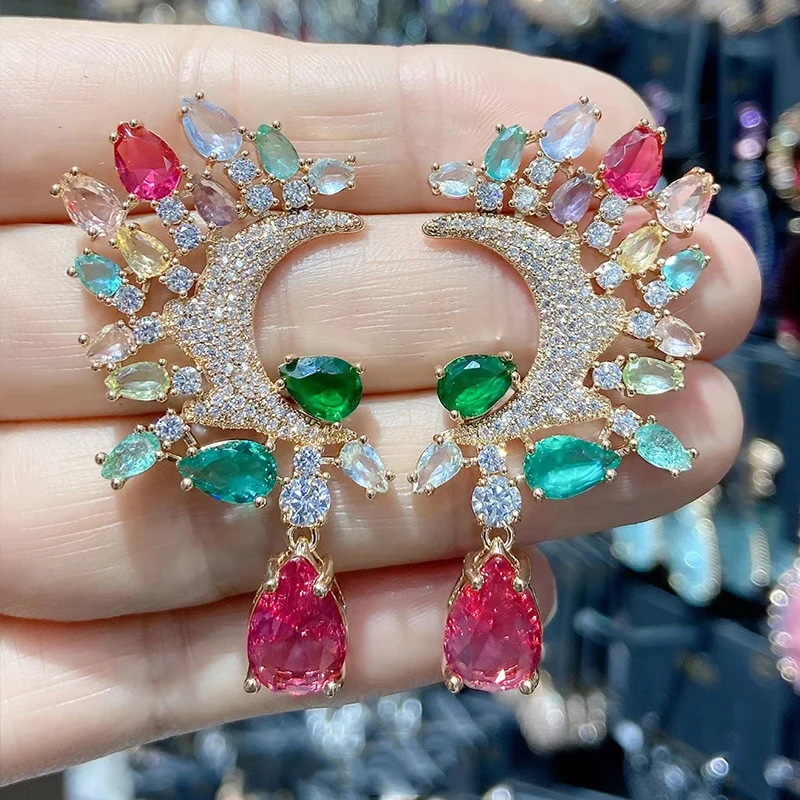 

Multicolor Cubic Zirconia Luxury Symmetrical Earrings for Women 2023 Moon Flower Plant Water Drop Earrings Female Gift