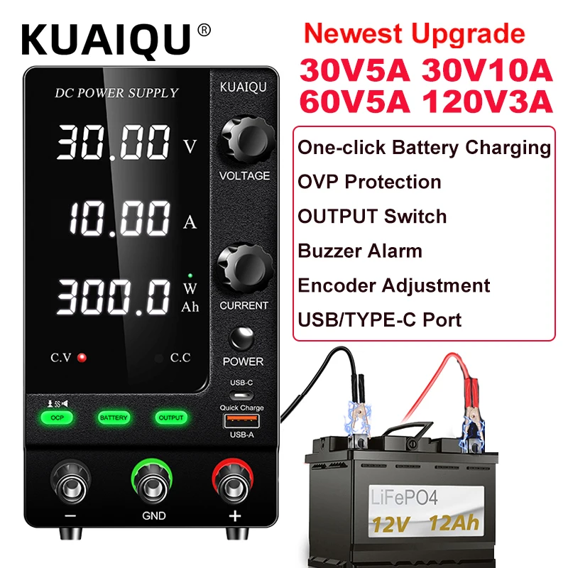 KUAIQU Newest Battery Charging Adjustable DC Power Supply 30V 10A 60V 120V 3A OCP, Encoder Knob, Preset Current OUTPUT USB-C /A