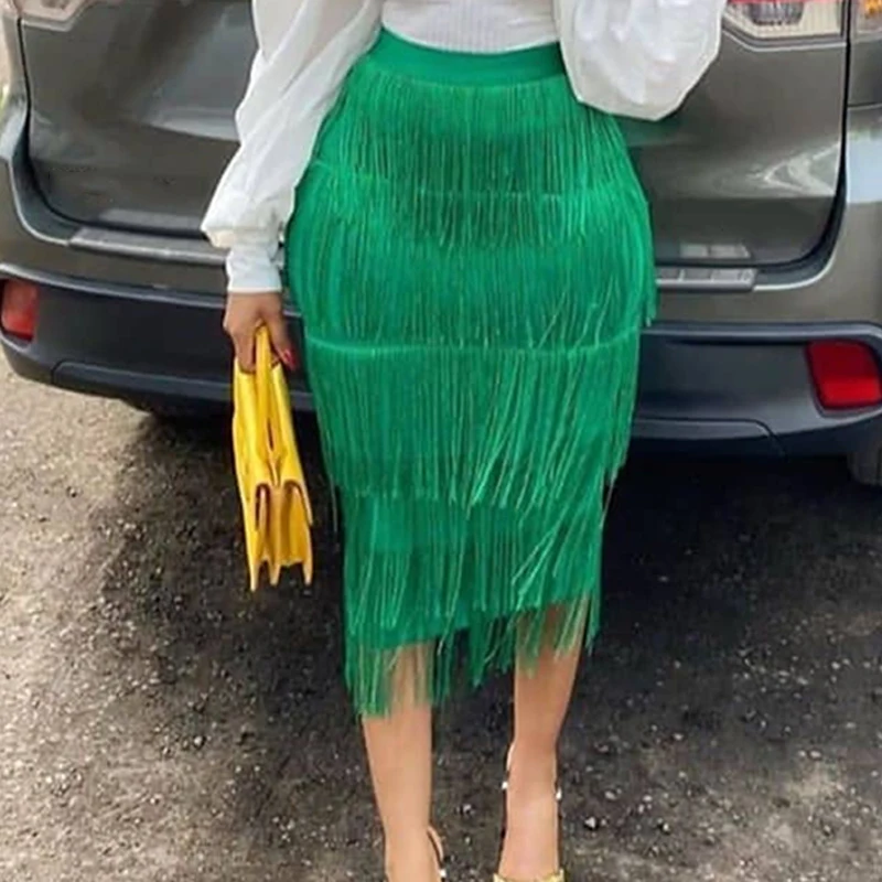 tulle skirt Green Fringe Bodycon Pencil Skirts Tassel High Waist Women Stretch Sheath Midi Length Ladies Slim Big Size white pleated skirt