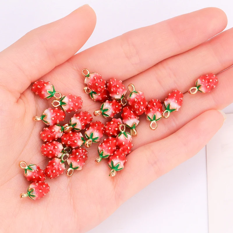 Set of 10 Enamel Strawberry Charms - Gold-Tone Fruit Pendants