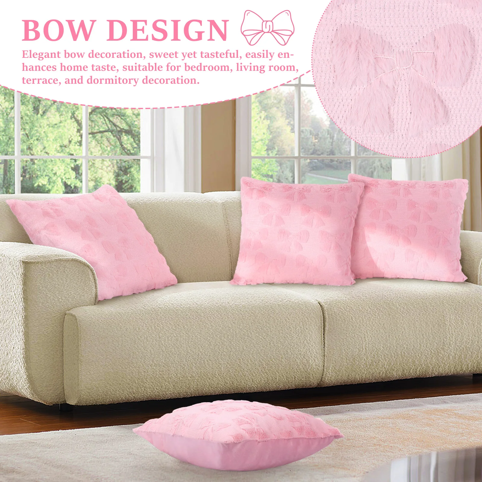 4Pcs Bow Throw Pillow Cover Plush Bowknot Square Pillow Cover 17.7 inch Sofa Pillowcase Home Decoration Accessories White/Pink