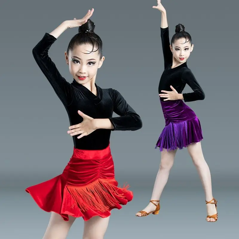 Latin Dance Girl Long sleeved Split Latin fringe Half Skirt Dance New Performance Clothing dresses for women