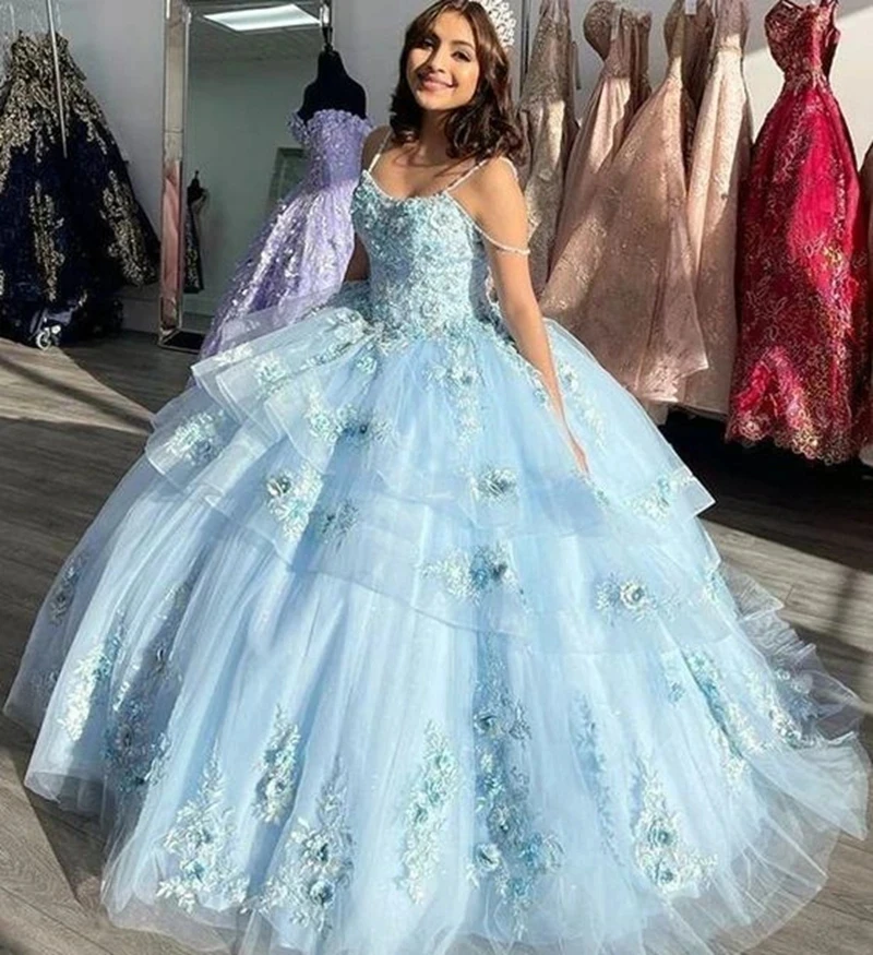 

Angelsbridep небесно-голубые платья на бретелях-спагетти Quinceanera платья 15 лет 3D Цветочные плиссированные платья принцессы для дня рождения