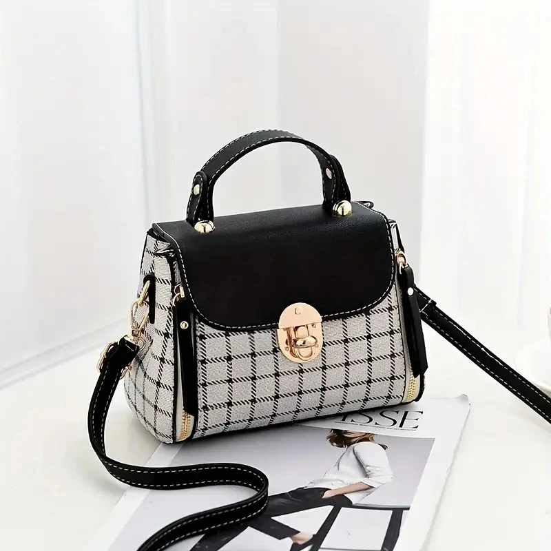 Crossbody Bags Faux Leather Top Handle Bag Plaid Cute Square Shoulder Bag Classic Box Bag for Women Girl Flap Satchel Purse