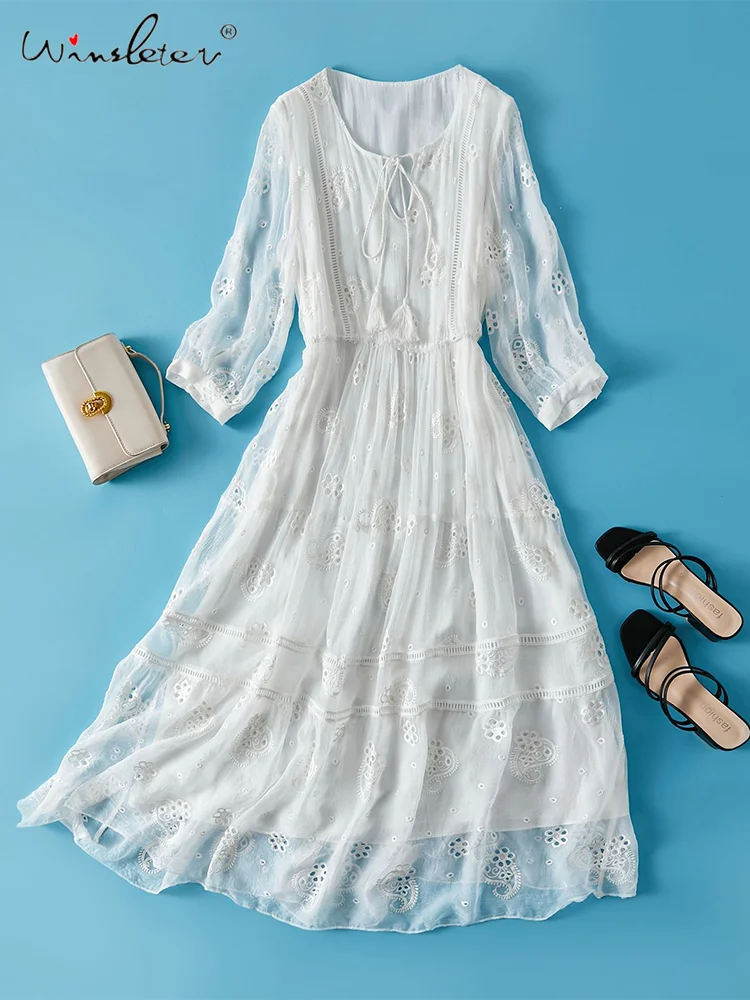 

Платье-макси Winsleter женское из 100% шелка тутового шелкопряда, с V-образным вырезом и вышивкой, с длинными рукавами, для офиса и пляжа, D36413JM