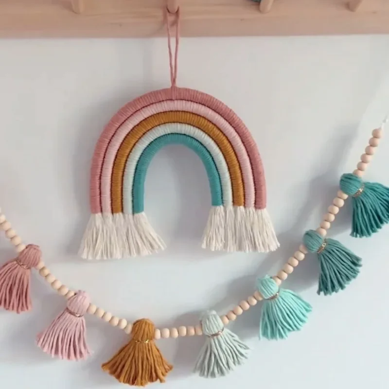 Nordic Wall Hanging Rainbow + Wood ead Tassel Banner Nursery Children's Room Decoration Ornaments  Home Wall Hanging Decor 6