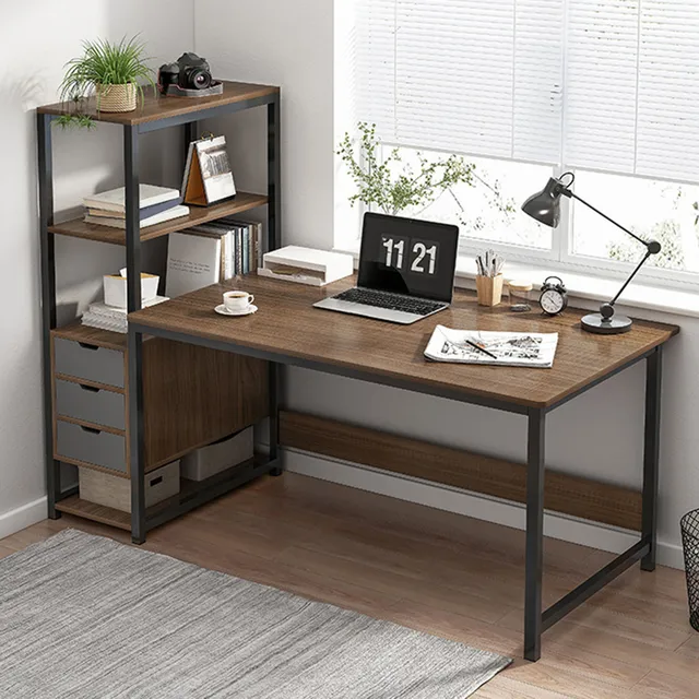 Office Gaming Computer Desk With Three Drawer Bookshelf Combination Open Storage Shelf Corner Desk For Home Office Living Room