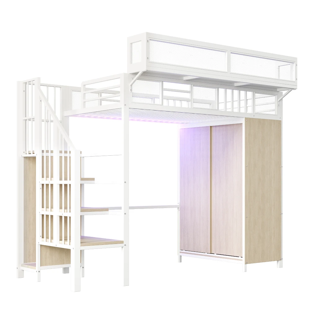 Multifunktionales Hochbett aus Metall, 90 x 200 cm, mit Kleiderschrank, Sicherheitsleiter, LED-Beleuchtung, Sicherheitsgitter, stabiles Bett für Kinder und Jugendliche – Detail 22