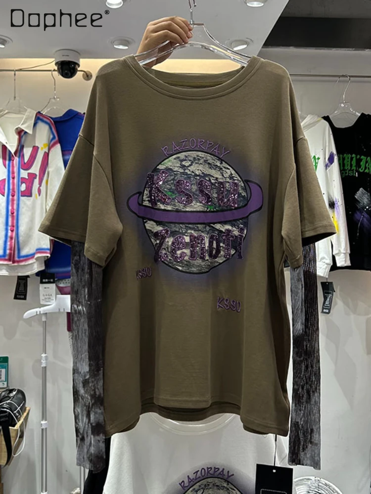 

Embroidery Fake Two-Piece Mid-Length Long-Sleeved T-shirt Women's 2023 Spring Autumn Round Neck Loose Fashionable Sequins Top