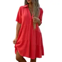 Women Cotton Linen Solid Color Dresses Lapel Button Patchwork Dress Summer Casual Commuter High Waist Short Sleeves Female Gown