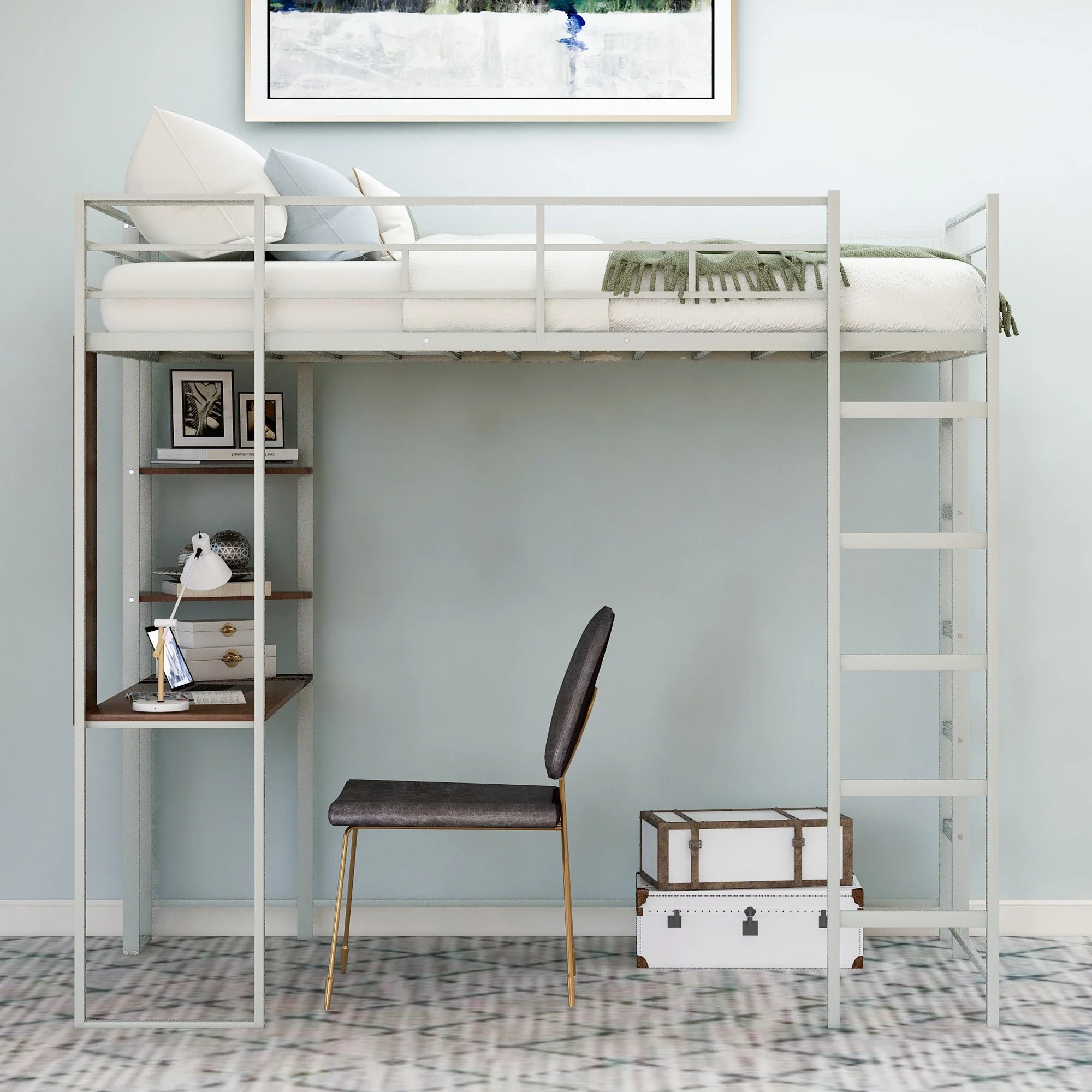 

Twin Metal Loft Bed with 2 Shelves and one Desk ,Silver