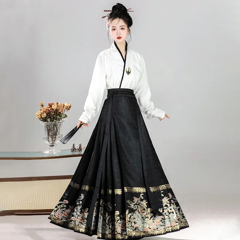 

2 Colors Ming Dynasty Hanfu Chinese Traditional Style Black Weaving Gold Horse Face Skirt Women Shirt Suit Clothing Dresses Set